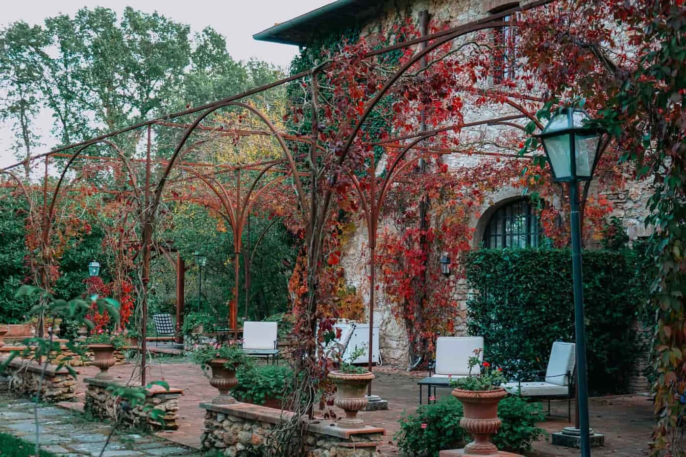 A planted pergola structure arching over a garden path